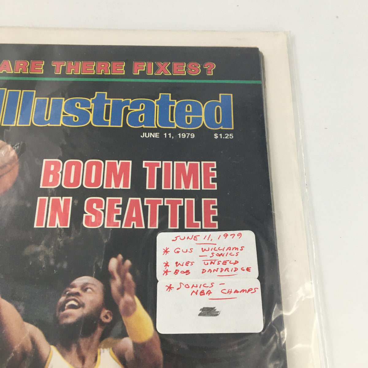 Detail view of the VTG Sports Illustrated Magazine June 11, 1979 cover with annotations noting key players and dates, including Gus Williams.