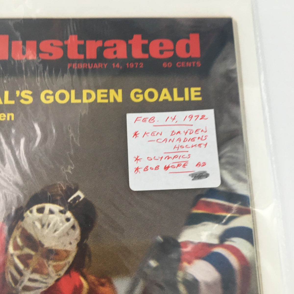 Close-up of the Sports Illustrated magazine cover dated February 14, 1972, featuring Ken Dryden, with notes indicating its significance in hockey history.