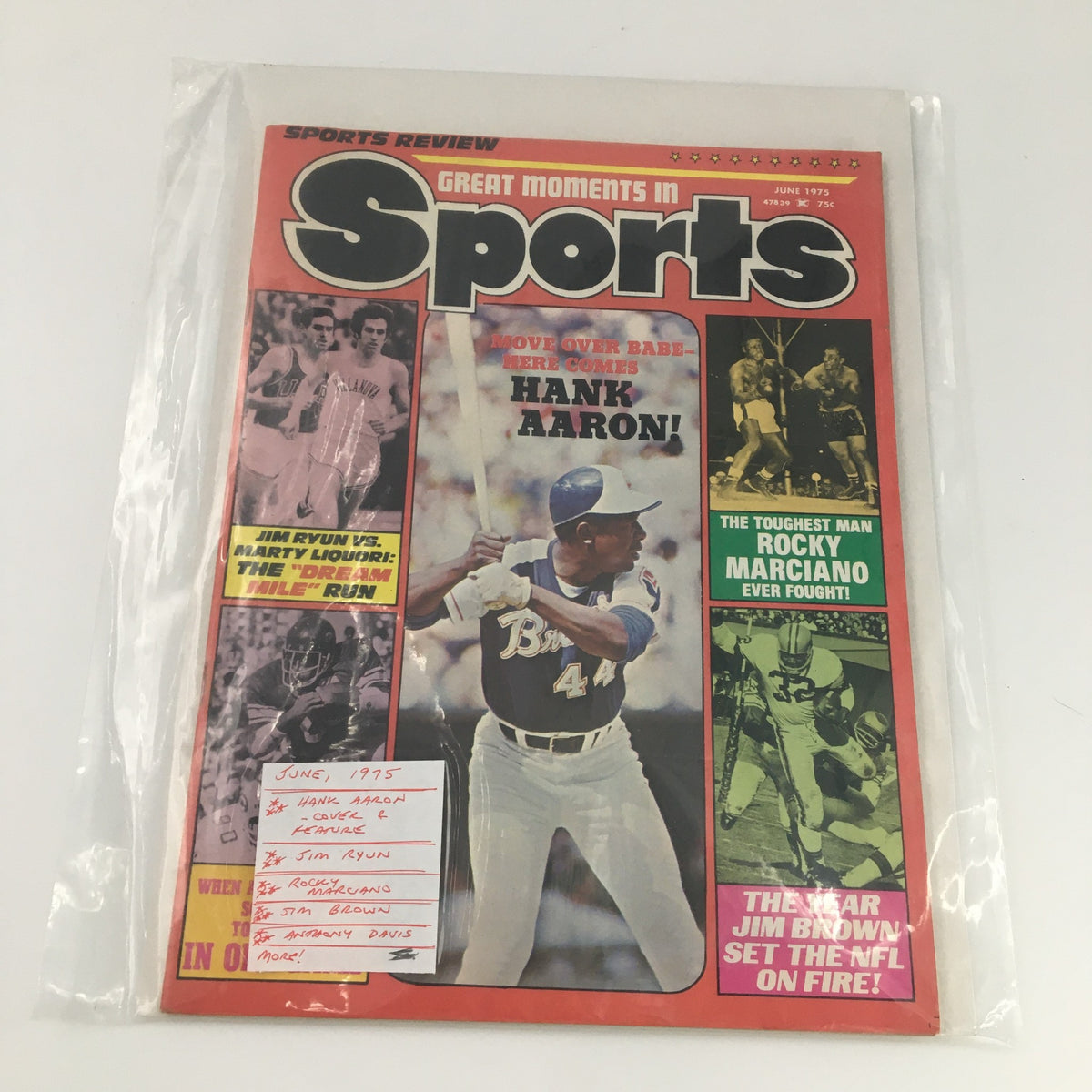 VTG Sports Review Magazine June 1975 in protective plastic, showcasing Hank Aaron cover feature, excellent condition for collectors.