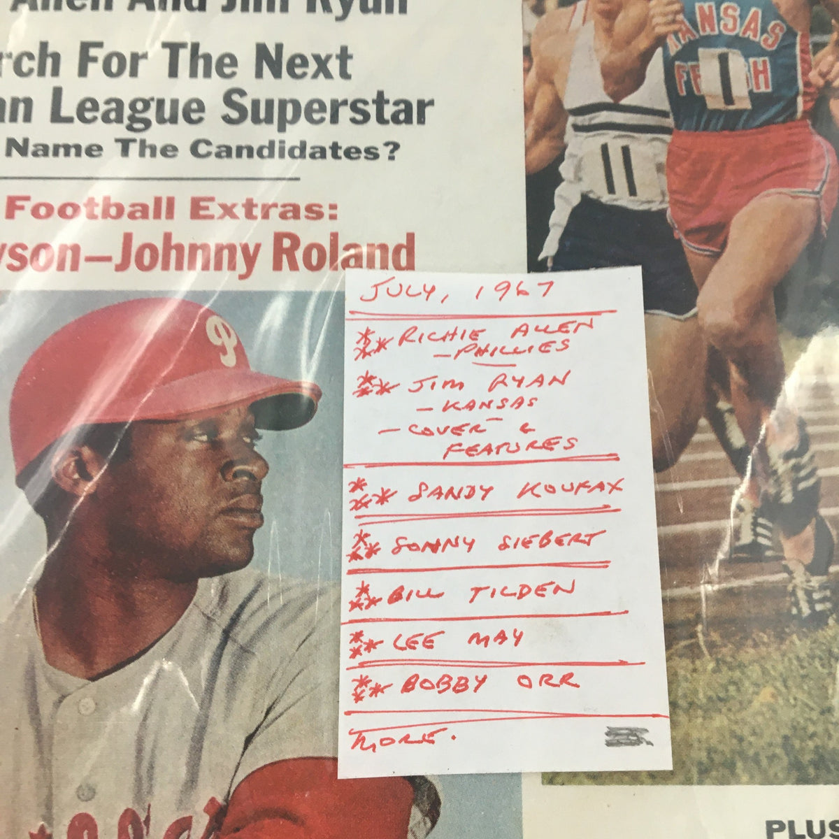 Close-up of the cover details from the VTG Sport Magazine July 1967, with notes about featured athletes including Richie Allen and Jim Ryun.