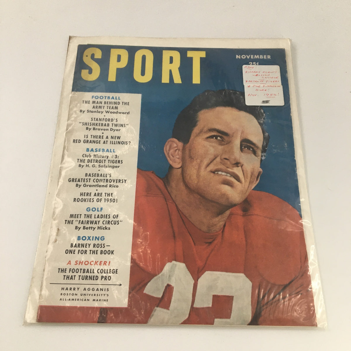 Close-up of the VTG Sport Magazine November 1950 with a vibrant cover featuring Harry Aganis, details of articles including football and baseball topics.