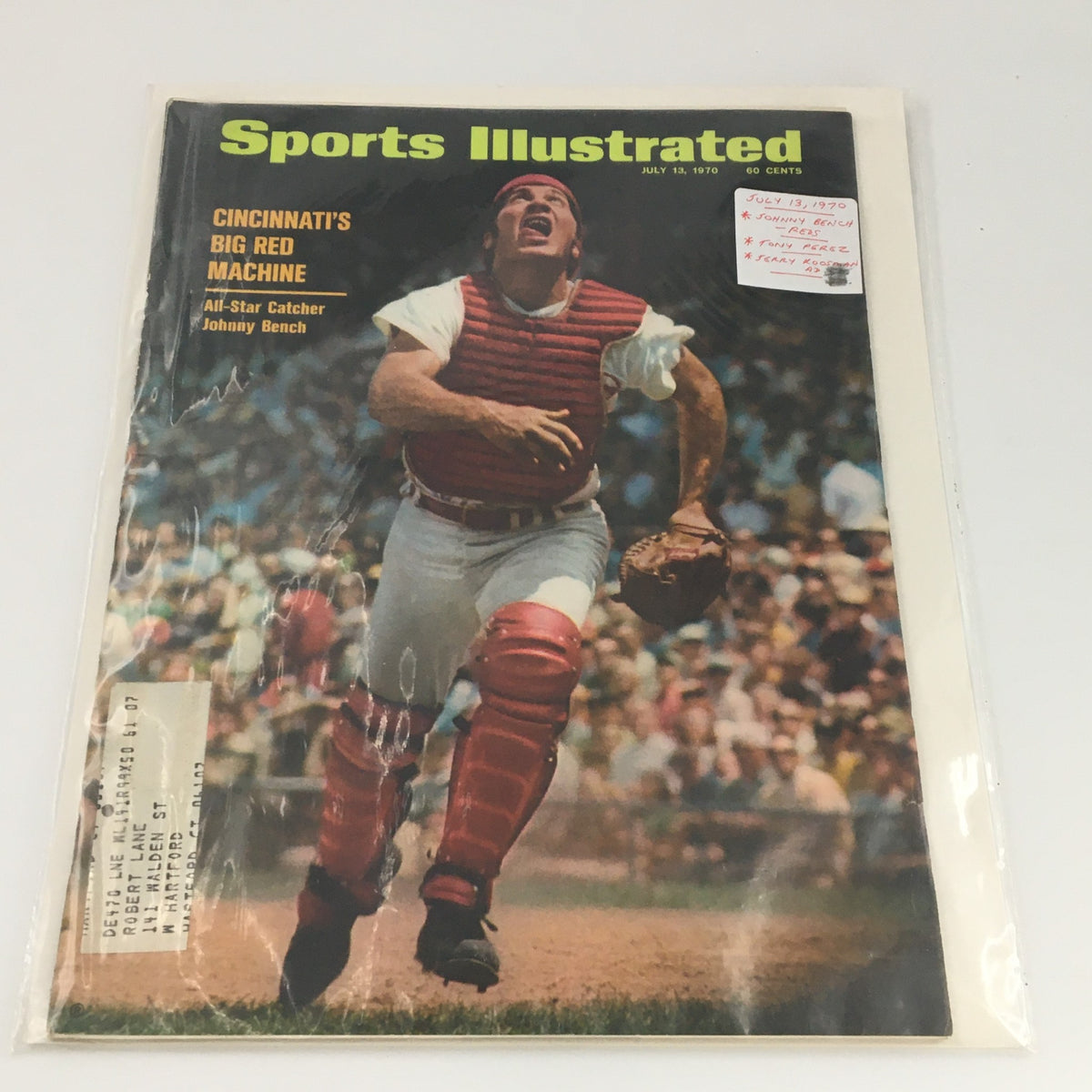 Sports Illustrated magazine from July 13, 1970, in protective wrapping, displaying Cincinnati Reds' catcher Johnny Bench on the cover.
