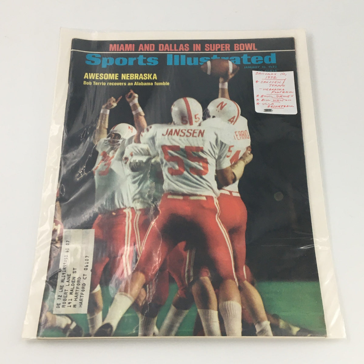 Sports Illustrated Magazine from January 10, 1972, featuring Janssen and Terrio on the cover, preserved in protective plastic.
