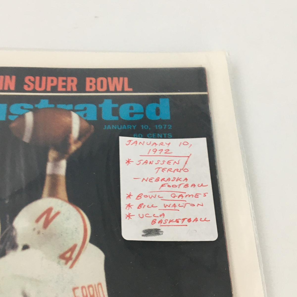 Detailed view of the January 10, 1972 Sports Illustrated Magazine cover displaying football action and handwritten notes.