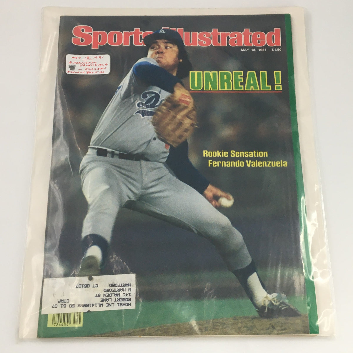 Protected edition of Sports Illustrated Magazine May 18 1981 featuring Fernando Valenzuela, encapsulated in plastic with visible address label for preservation.