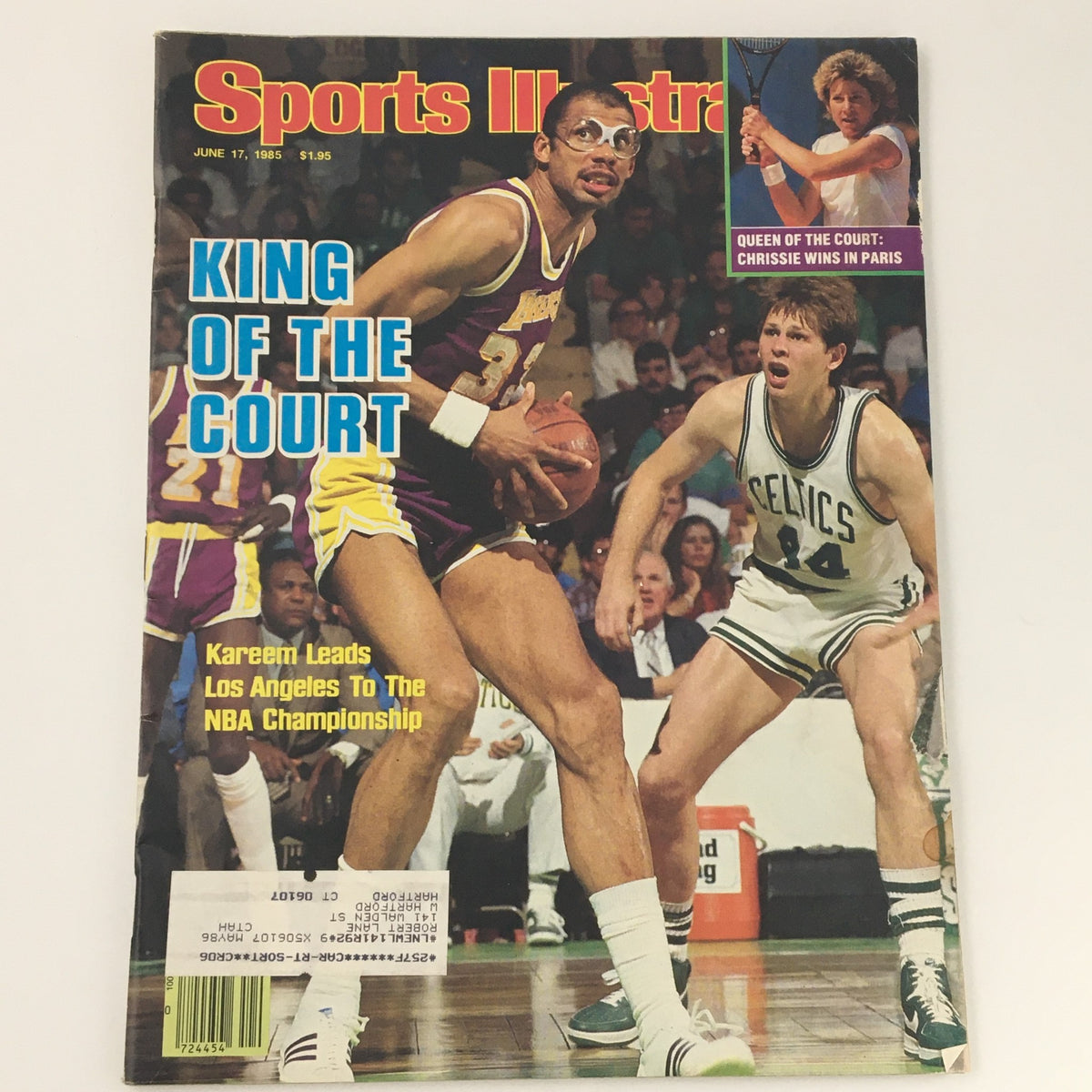 Vintage Sports Illustrated Magazine cover from June 17, 1985, featuring Kareem Abdul-Jabbar in action on the court. The cover highlights his role in leading the Los Angeles Lakers to the NBA Championship. The magazine also features Michael Cooper and showcases vibrant sports culture of the mid-1980s.