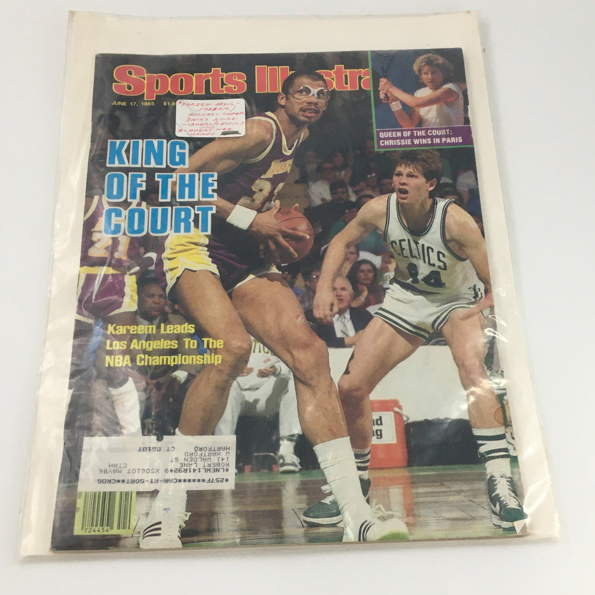 Sports Illustrated Magazine June 17, 1985 featuring Kareem Abdul-Jabbar in action with the headline 'KING OF THE COURT'.
