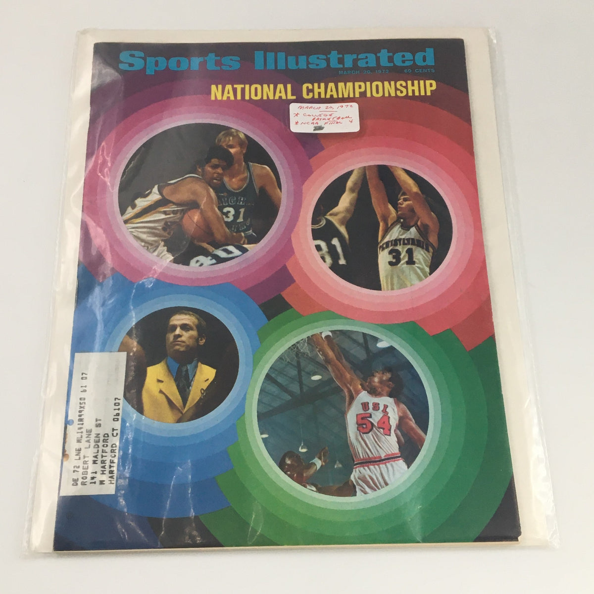 VTG Sports Illustrated Magazine March 20 1972 NCAA Final 4 Championship in protective plastic sleeve, showcasing iconic cover and address label.