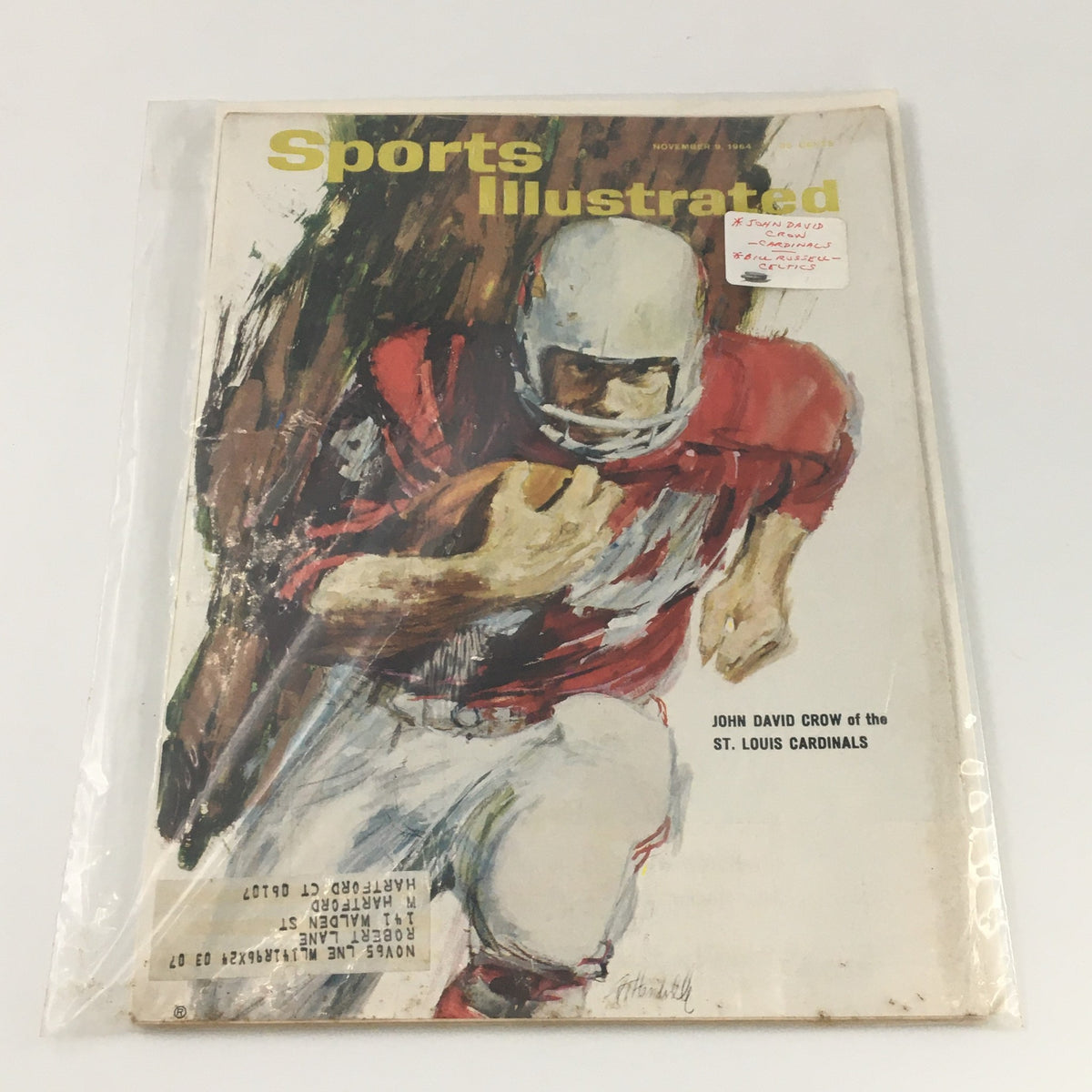 VTG Sports Illustrated Magazine November 9 1964, featuring Cardinals' John David Crow, preserved in plastic for collectors and sports enthusiasts.
