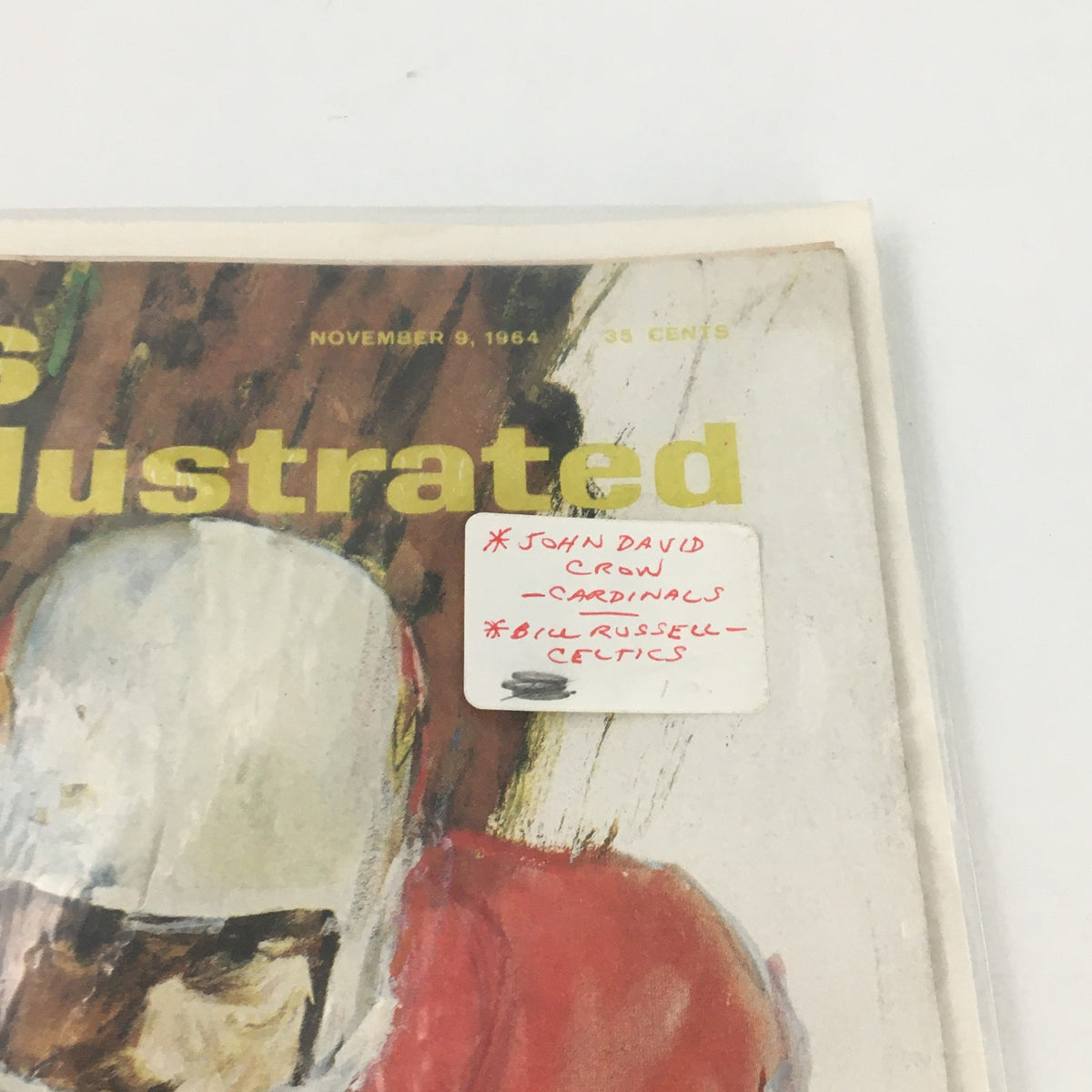 Detail shot of the VTG Sports Illustrated Magazine November 9 1964 with handwritten note, emphasizing the features of John David Crow and Bill Russell.