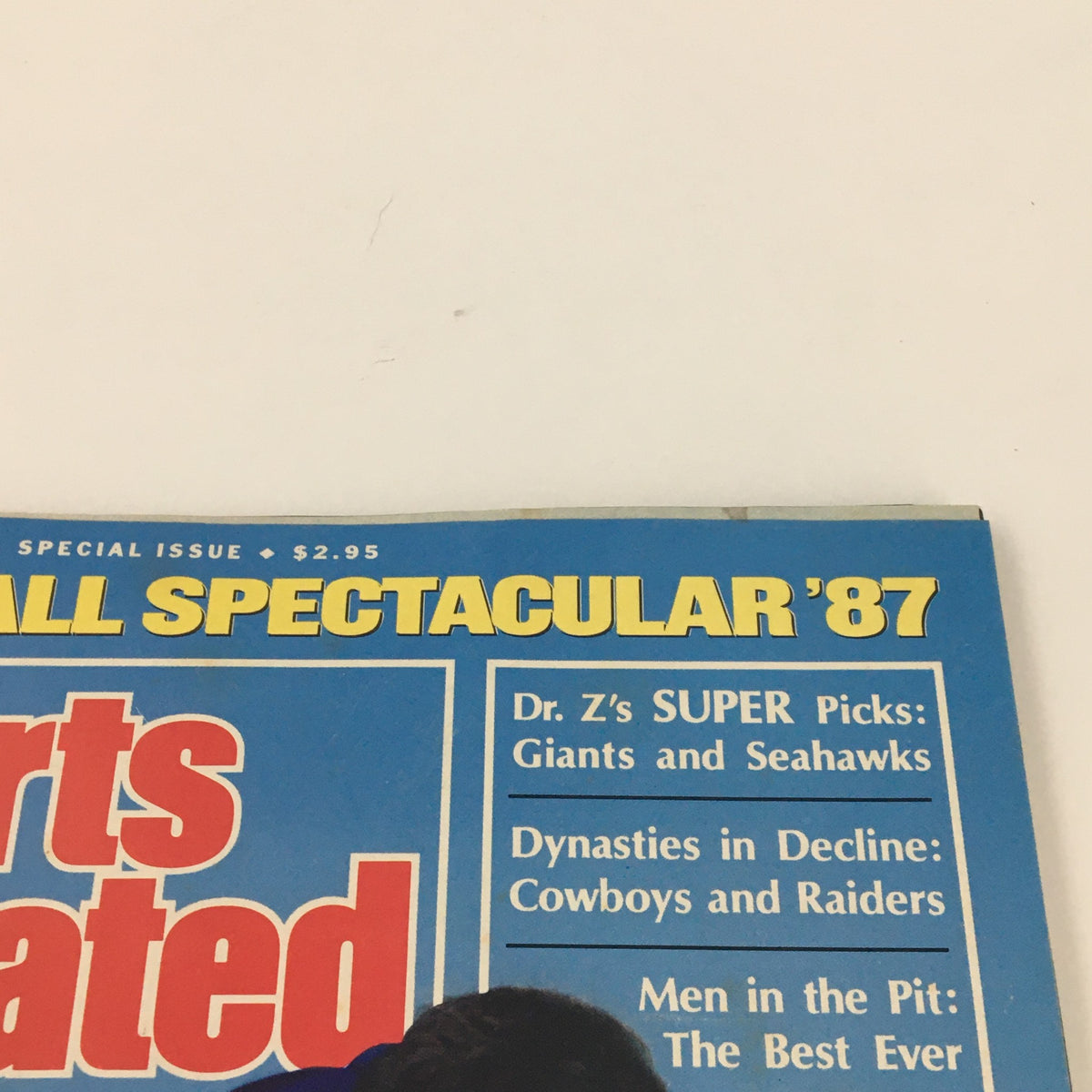 Close-up view of the Sports Illustrated Magazine September 9 1987, highlighting the title and cover story about Mark Bavaro of the NY Giants.