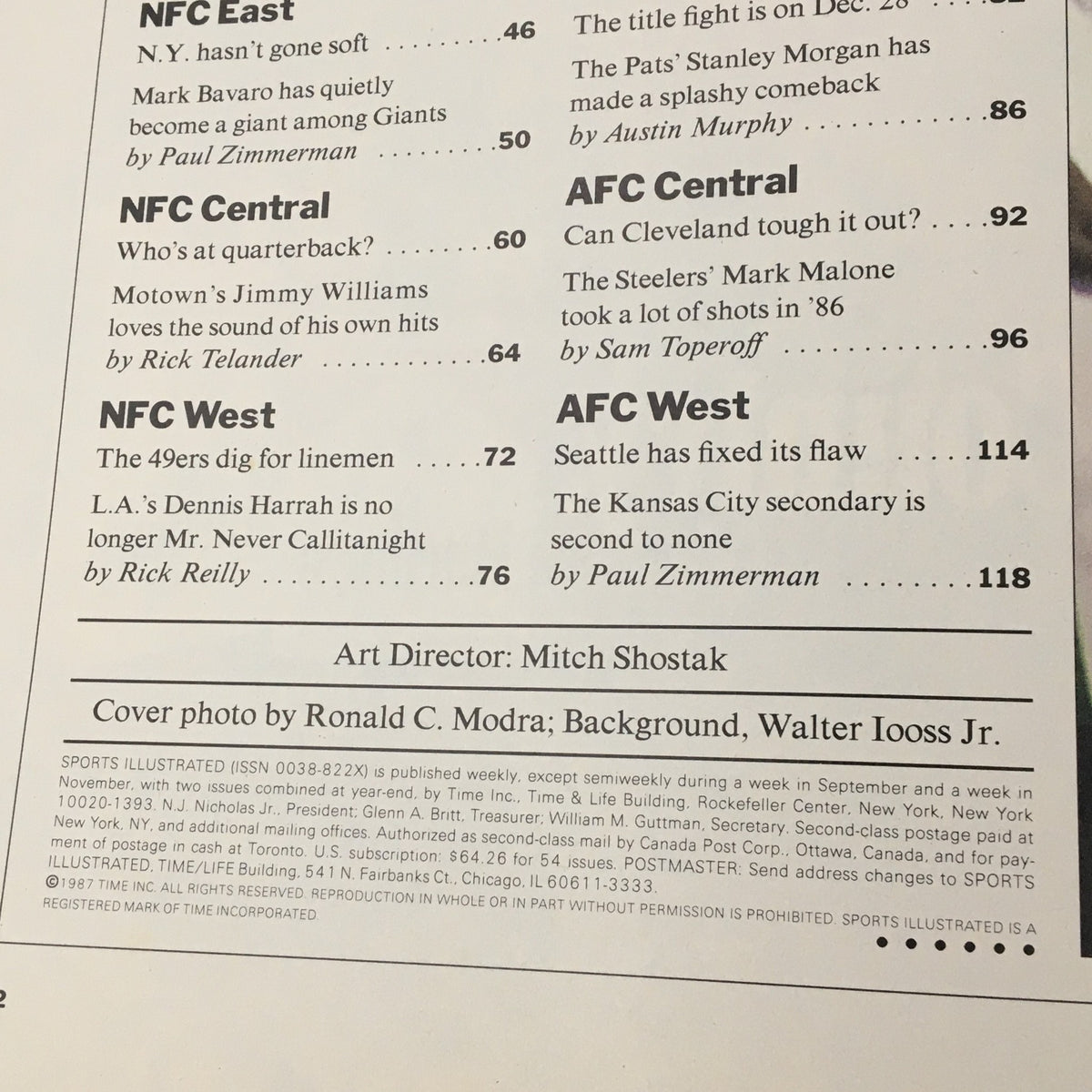 Another view of the contents page from the Sports Illustrated Magazine September 9 1987, featuring articles relevant to NFL teams and players.