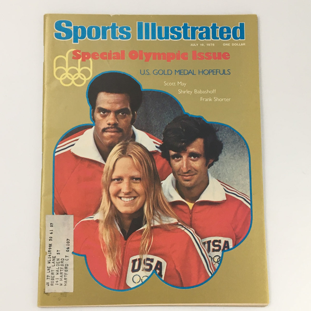 Vintage Sports Illustrated Magazine dated July 19, 1976 featuring athletes Scott May, Shirley Babashoff, and Frank Shorter on the cover, celebrating U.S. gold medal hopes for the Olympics.