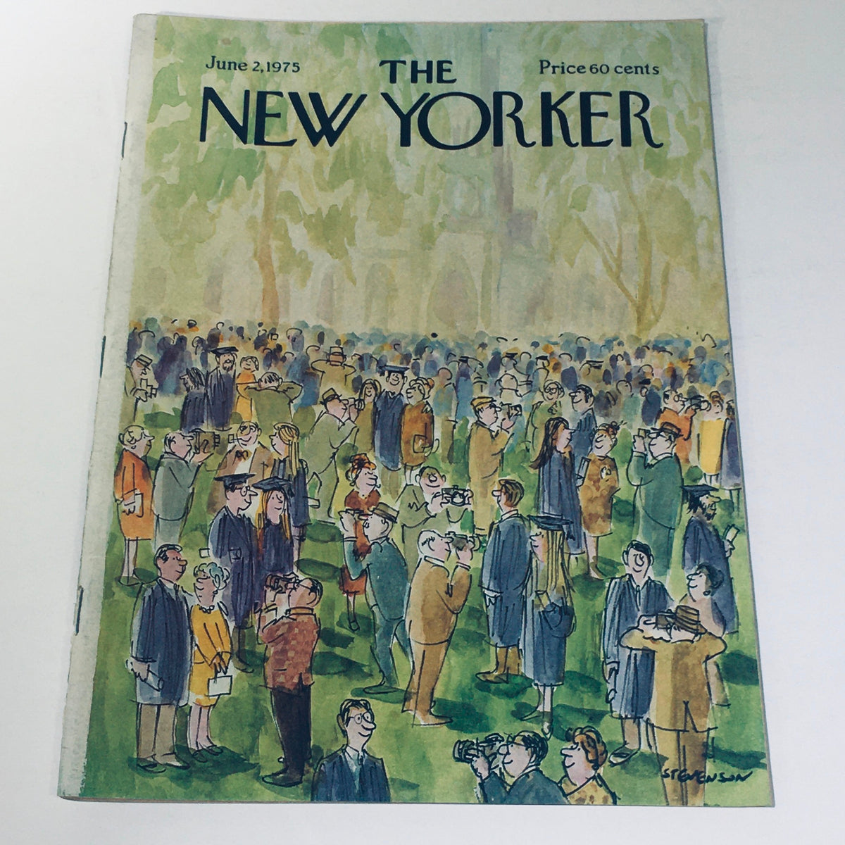 The New Yorker Magazine June 2, 1975 Graduation Cover by James Stevenson, featuring an illustrated scene of graduation celebration with people in academic attire and cameras, capturing the essence of the 1970s.