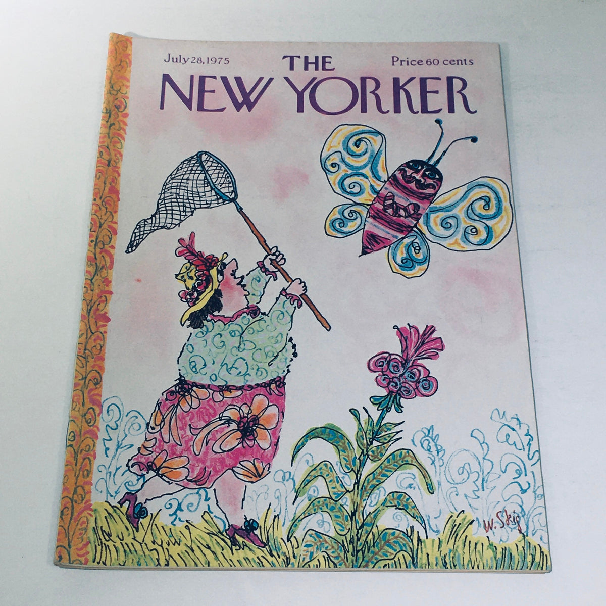 Cover of The New Yorker, July 28, 1975, featuring whimsical illustration by William Steig with a woman capturing a butterfly, showcasing vintage magazine art.