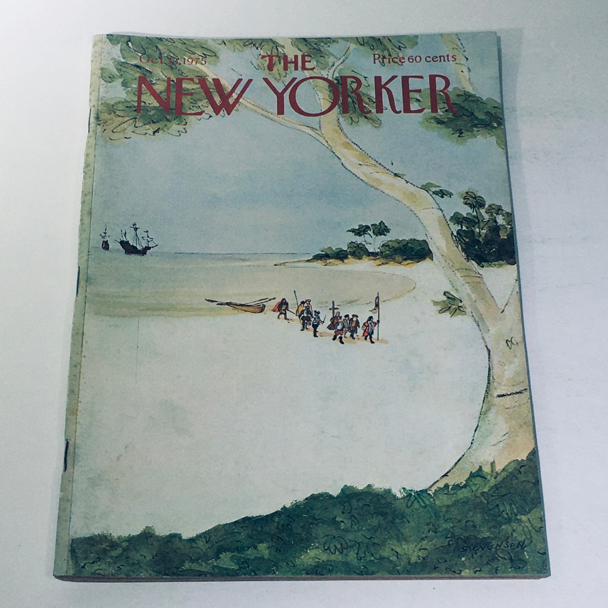 Cover of The New Yorker Magazine from October 13, 1975, featuring an illustration by James Stevenson depicting Spanish Conquistadors on a beach scene.