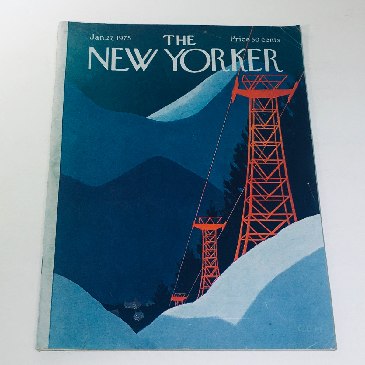 Cover of The New Yorker magazine from January 27th, 1975, featuring a graphic design with blue mountains and orange ski lifts, highlighting Charles Martin's artistic work.