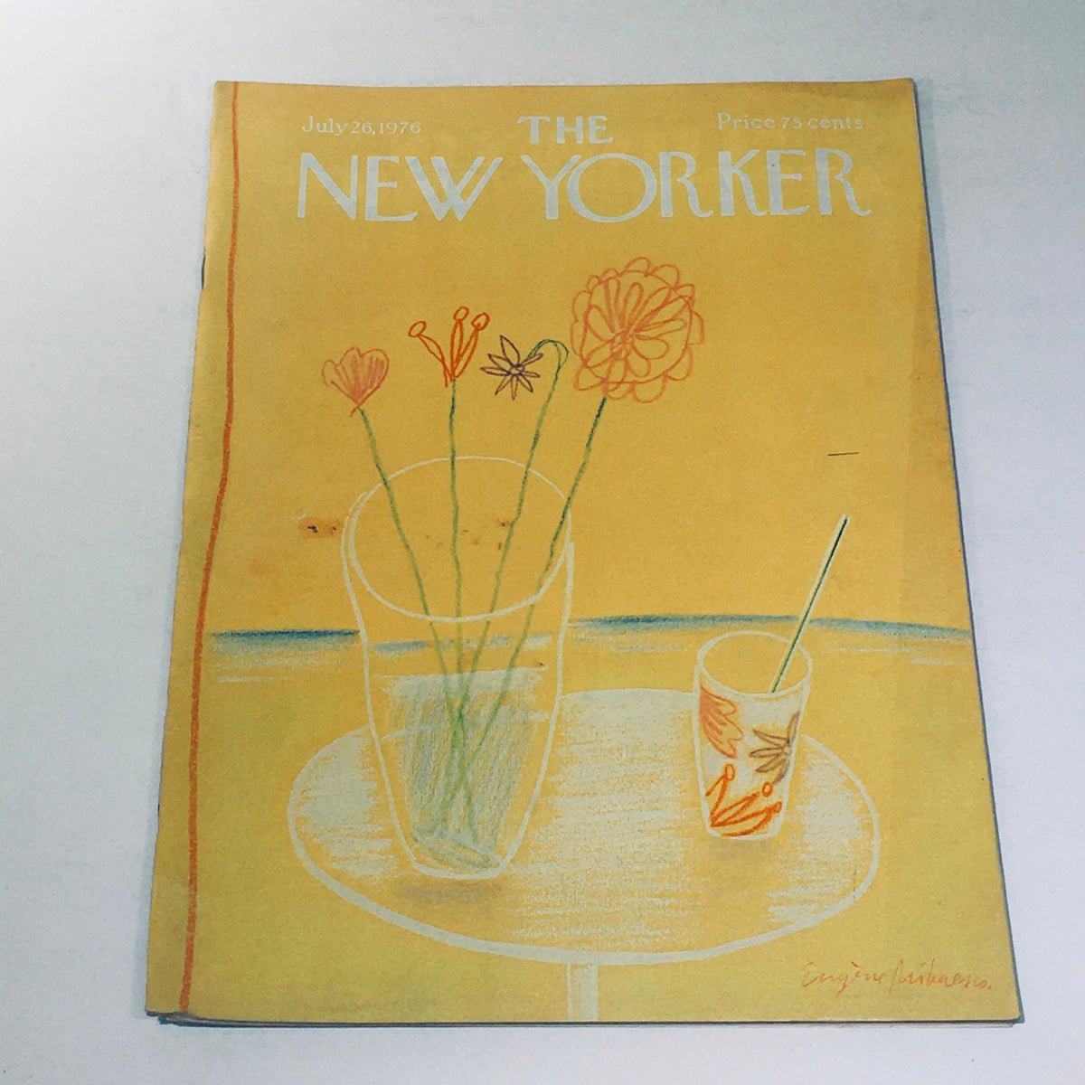 Cover of The New Yorker magazine dated July 26, 1976, featuring vibrant yellow artwork by Eugene Mihaesco, depicting a vase of flowers and a drink on a table.