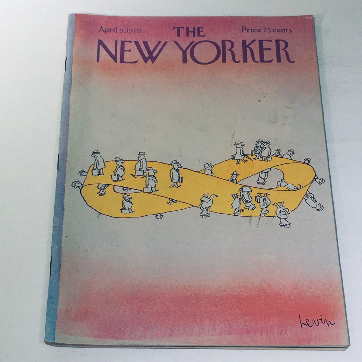 The New Yorker Magazine April 5 1976 Full Theme Cover by Arnie Levin featuring whimsical artwork of people walking along a yellow ribbon symbolizing infinity, embodying the artistic style of the mid-1970s.