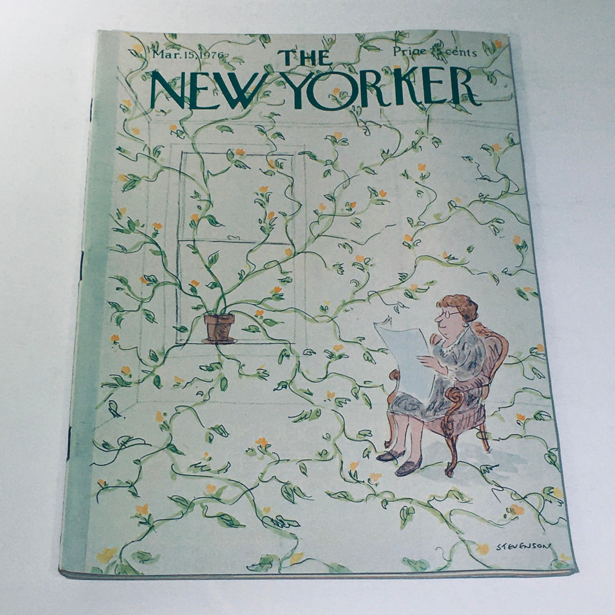 Cover of The New Yorker Magazine March 15 1976 featuring a full theme illustration by James Stevenson, depicting a woman reading amidst floral vines.