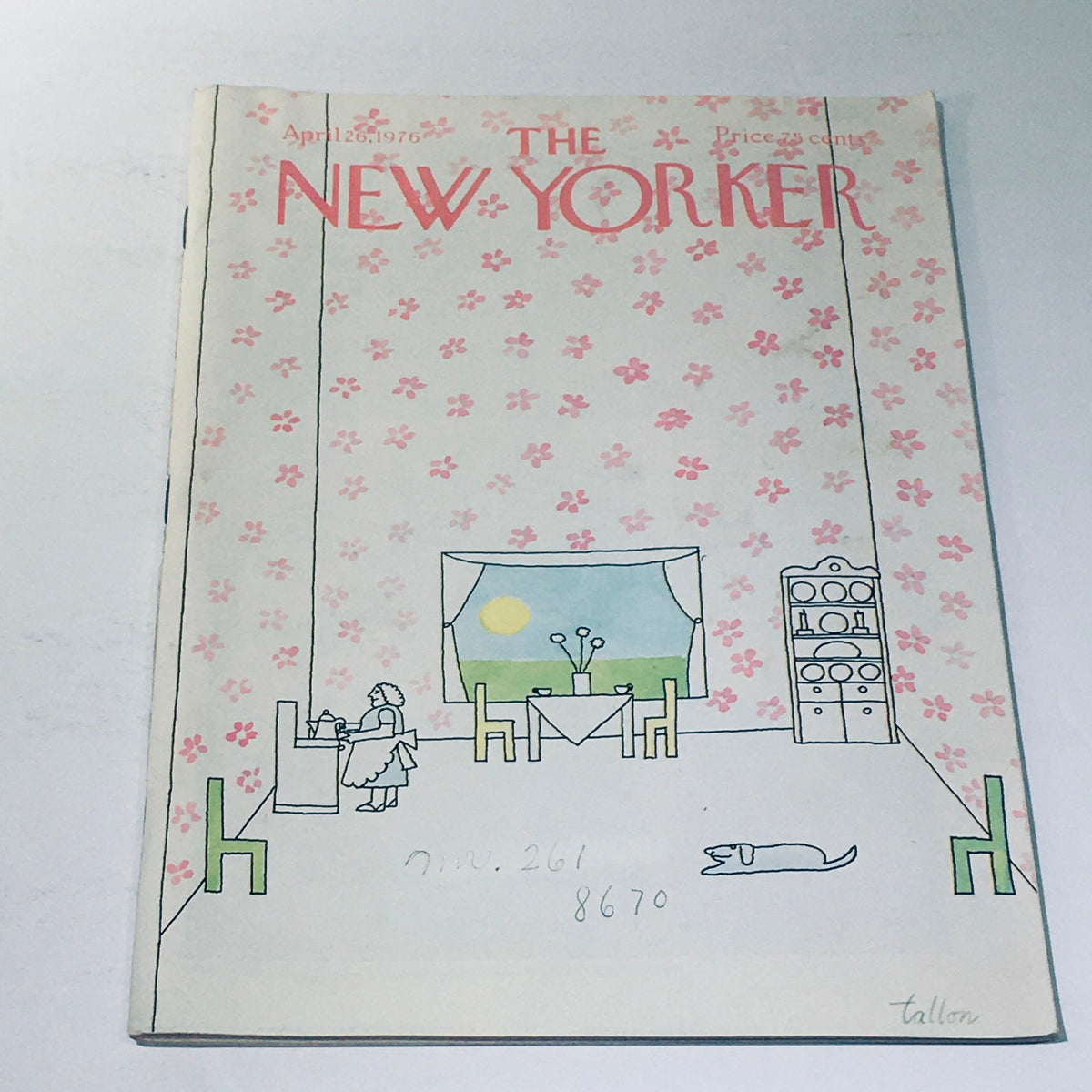 Cover of The New Yorker magazine dated April 26, 1976, featuring artwork by Robert Tallon, depicting a lively interior scene with a woman at a counter and a dog on the floor.