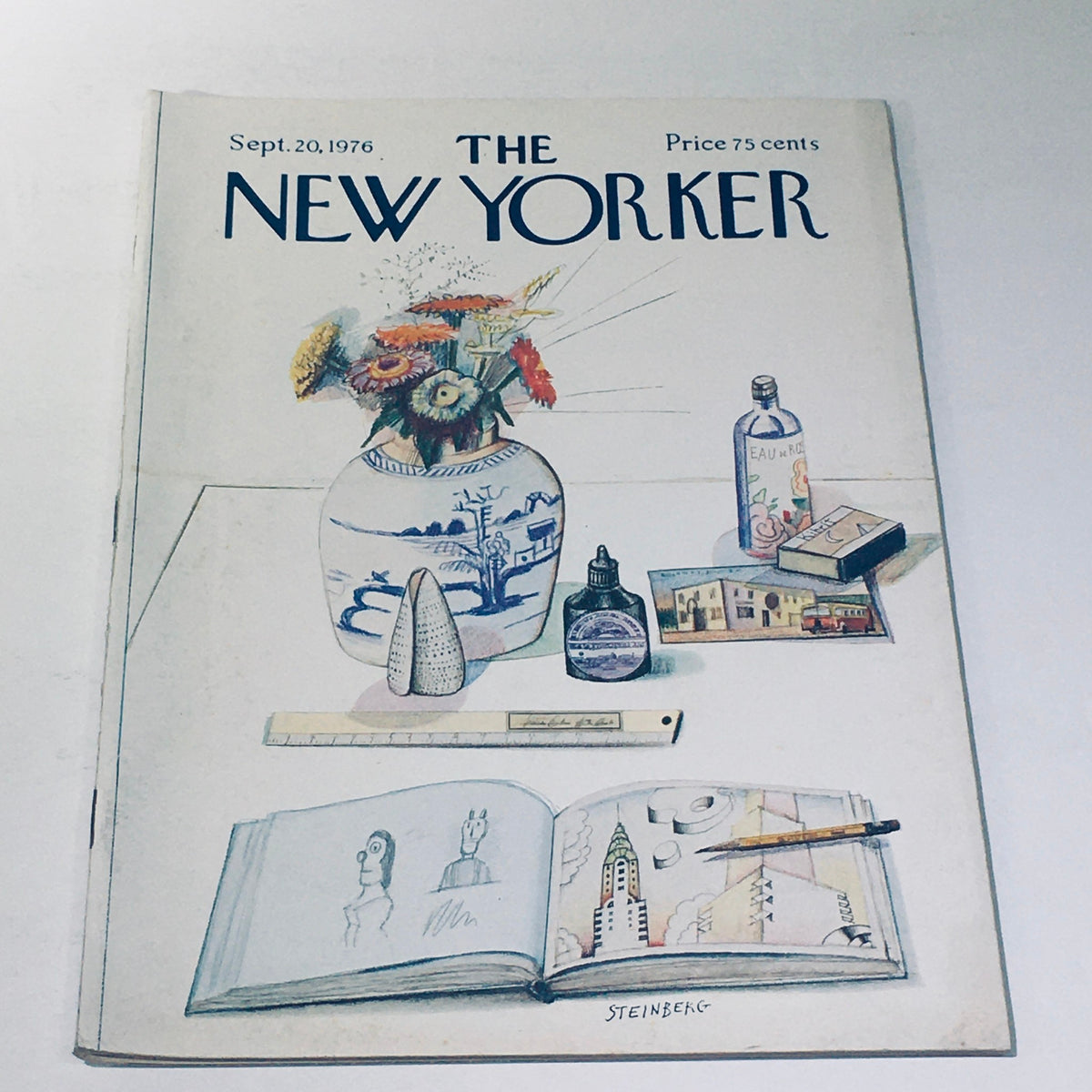 Cover of The New Yorker magazine dated Sept 20, 1976, featuring an illustration by Saul Steinberg with a vase of flowers, various art supplies, and sketches, capturing the artistic essence of the era.