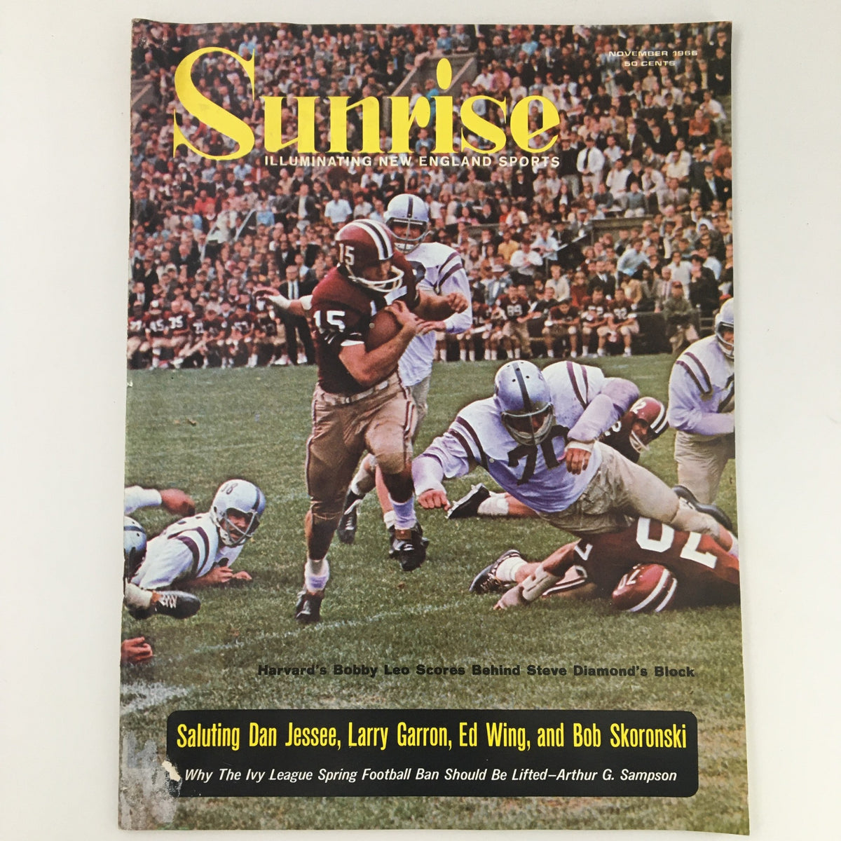 VTG Sunrise Magazine November 1966 cover featuring a football game with players in action, celebrating contributors Dan Jesse, Larry Garon, Ed Wing, and Bob Skoronski.