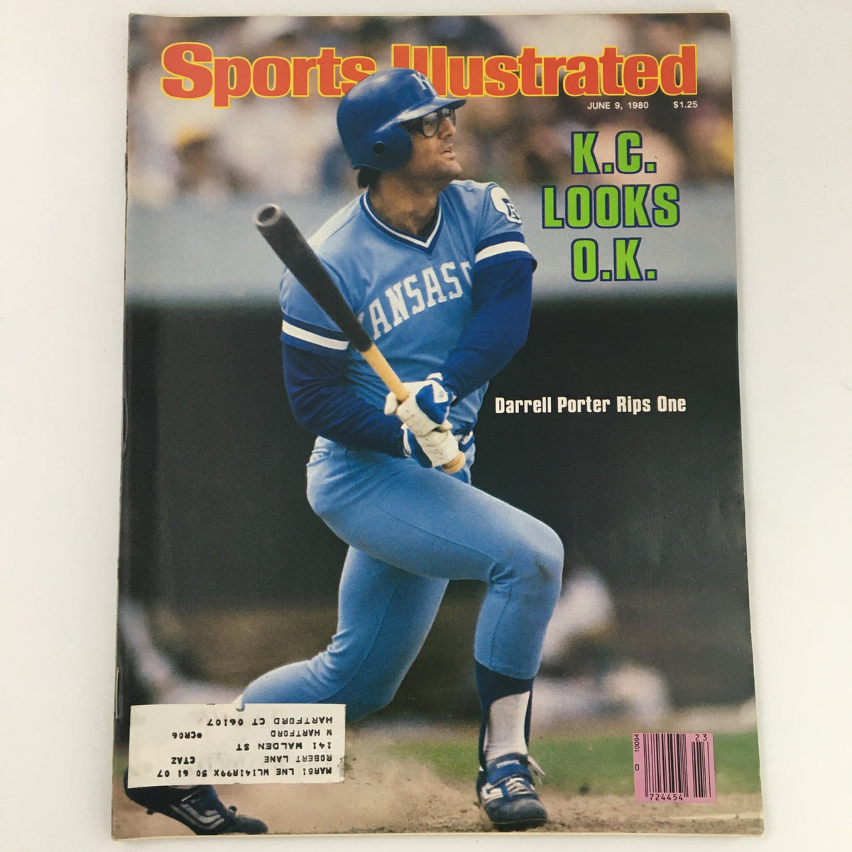 Vintage Sports Illustrated magazine cover from June 9, 1980, featuring Darrell Porter in a Kansas City Royals uniform, displaying a baseball bat, with the headline 'K.C. Looks O.K.' and the text 'Darrell Porter Rips One'.
