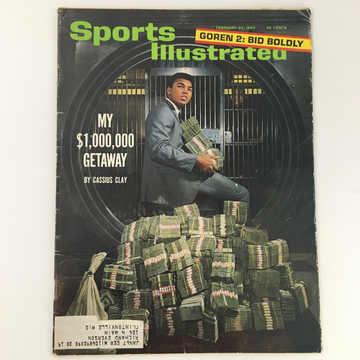 Vintage Sports Illustrated Magazine February 24 1964 featuring Cassius Clay on the cover with stacks of money, showcasing a pivotal moment in sports history.