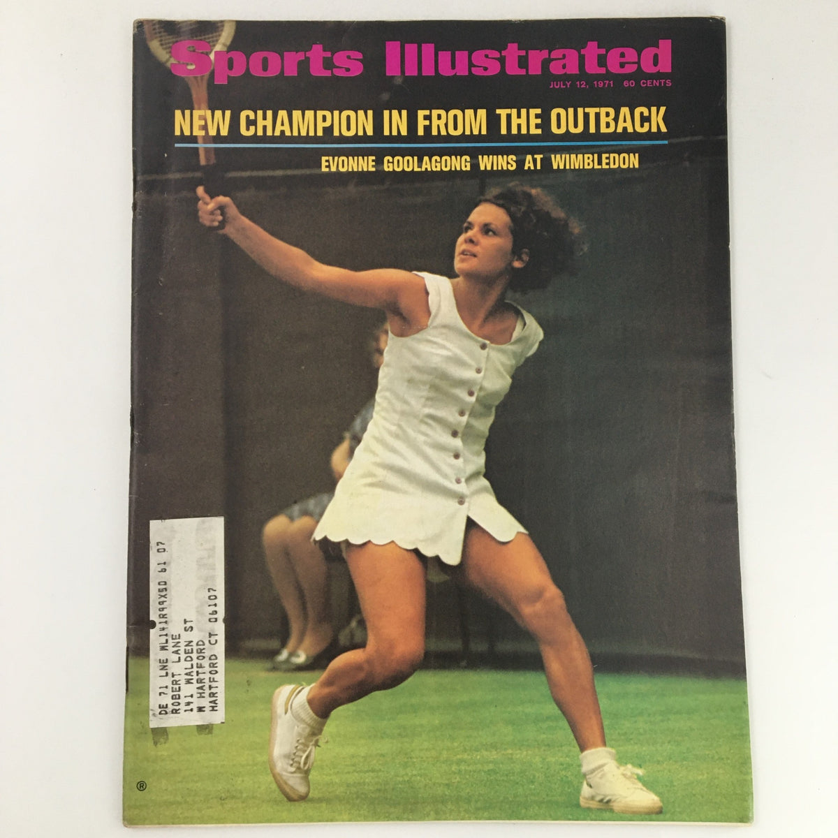 Vintage Sports Illustrated Magazine cover from July 12, 1971 featuring Evonne Goolagong, highlighting her historic win at Wimbledon, with a tennis action shot, perfect for collectors of sports memorabilia.