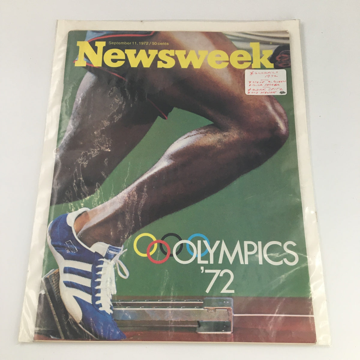 VTG Newsweek Magazine September 11 1972 in protective wrapping, highlighting the iconic Olympic cover with an athlete's legs and shoes.