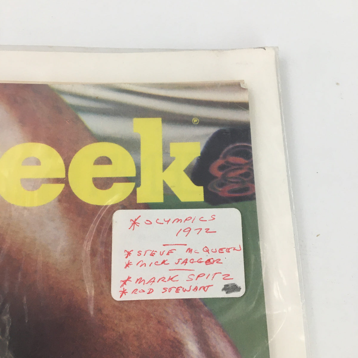 Close-up of VTG Newsweek Magazine September 11 1972 cover with handwritten notes and Olympic themes, featuring notable celebrities.