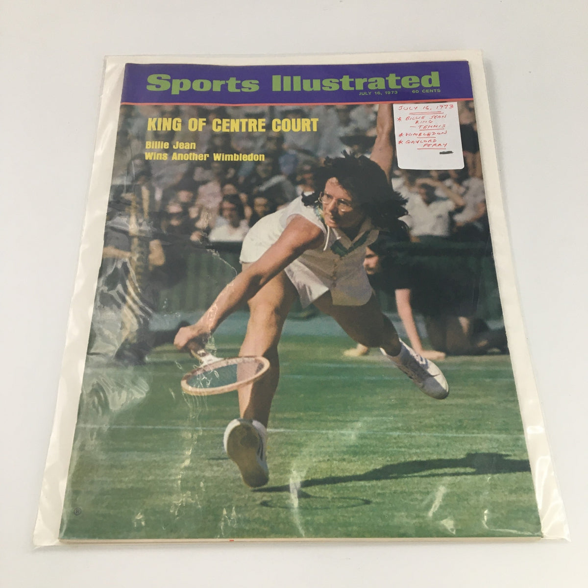 VTG Sports Illustrated Magazine July 16 1973 Billie Jean King Cover, featuring Billie Jean King in action on the tennis court during Wimbledon.