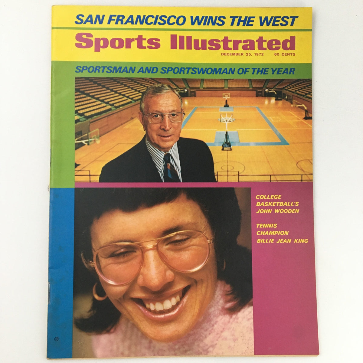 VTG Sports Illustrated Magazine December 25 1972 with John Wooden on the cover, featuring a basketball court background and images of sports figures.