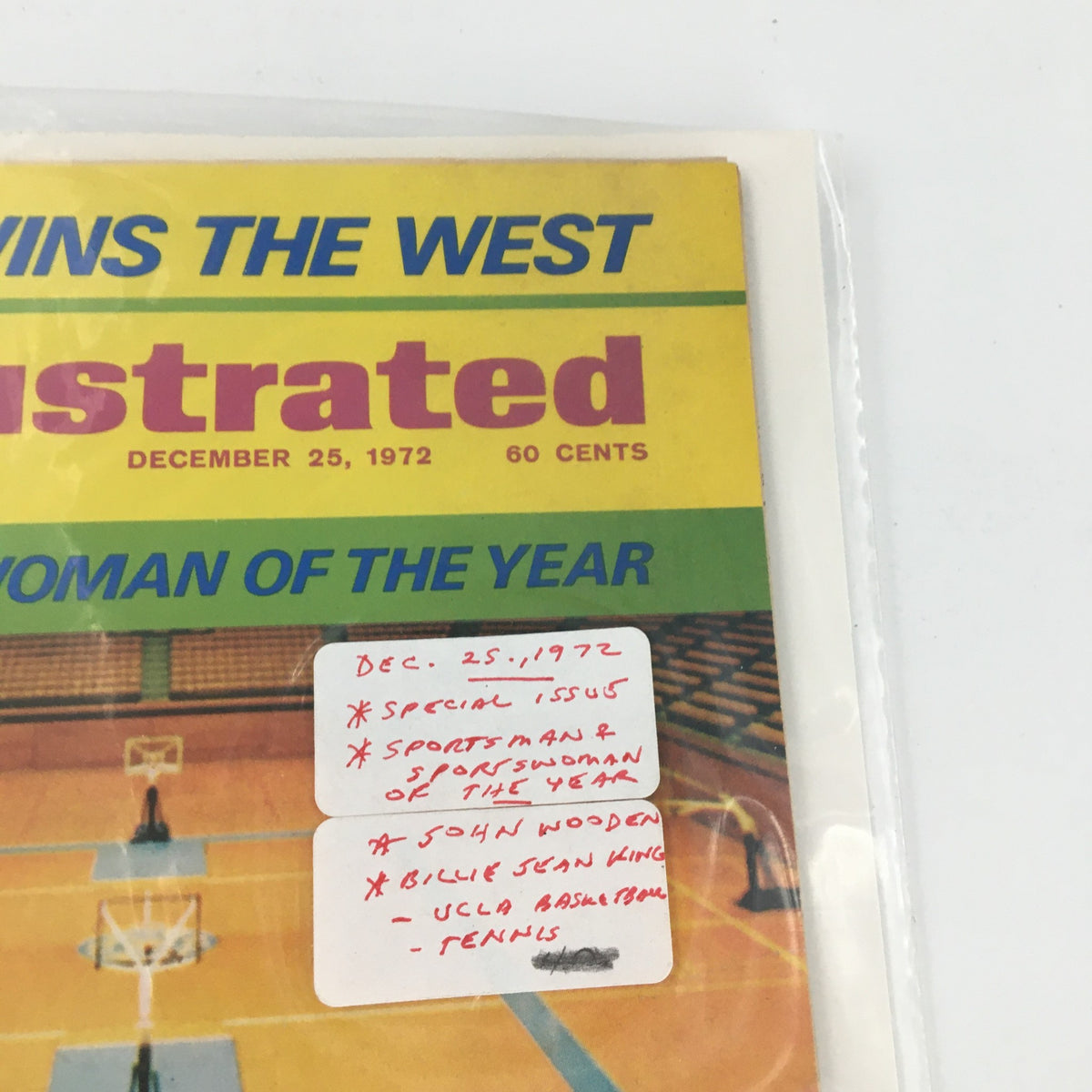 Close-up of VTG Sports Illustrated Magazine December 25 1972, highlighting notes on the special issue featuring John Wooden and Billie Jean King.