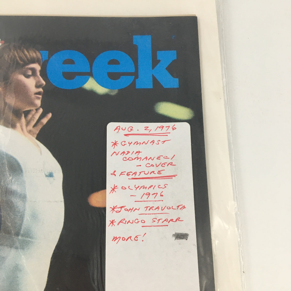 Close-up of the VTG Newsweek Magazine August 2 1976 cover featuring Romania's Nadia Comaneci, with handwritten notes highlighting the gymnast and Olympic themes.