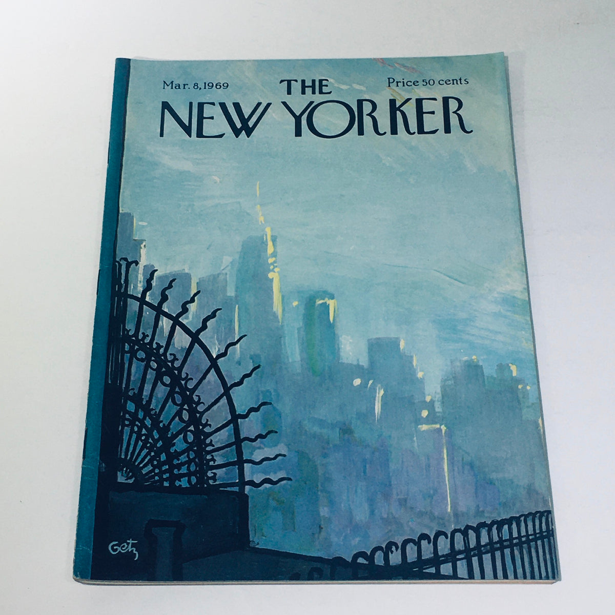 The New Yorker magazine cover from March 8, 1969, featuring a hazy city skyline with a decorative fence in the foreground, priced at 50 cents.
