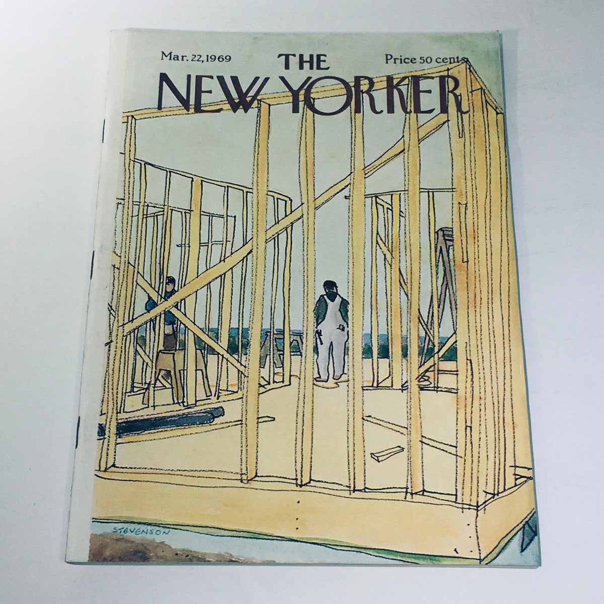 The New Yorker Magazine March 22 1969 cover featuring an illustration by James Stevenson depicting construction with two figures amidst wooden framing, capturing a moment in architectural history.