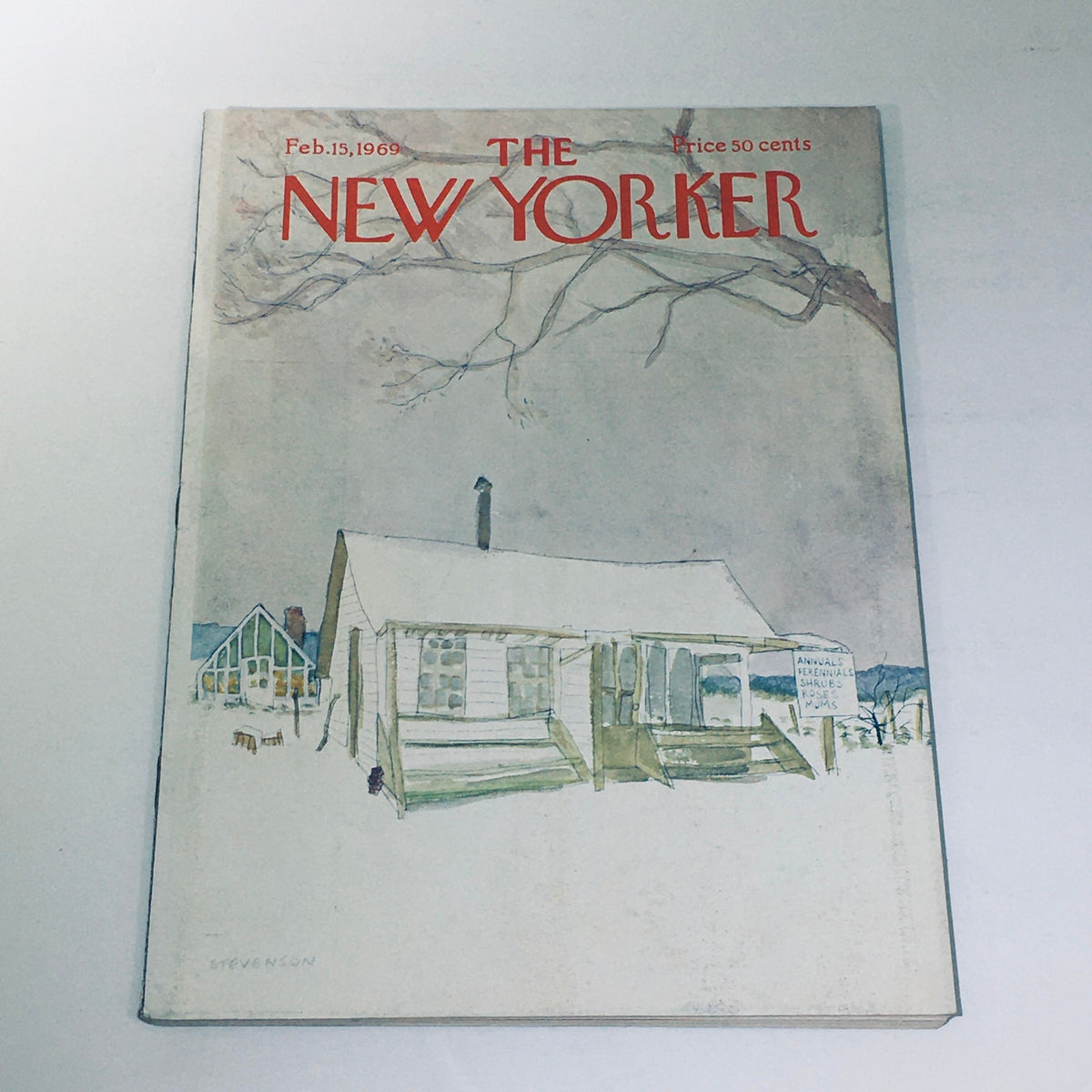 Cover of The New Yorker Magazine dated February 15, 1969, featuring the illustration "In A Wintery Snow" by James Stevenson. The cover showcases a serene winter landscape with snow-covered houses and a bare tree, highlighting the charm of winter.