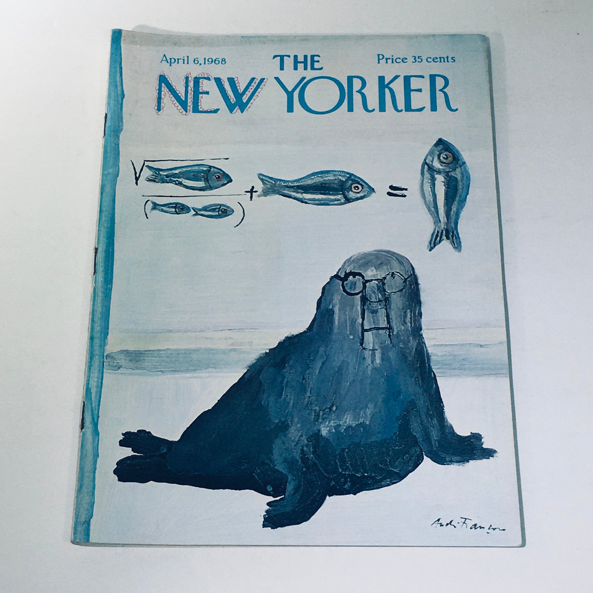The New Yorker Magazine April 6 1968 full theme cover by Andre Francois showcasing a whimsical illustration of a seal-like creature with glasses, accompanied by various fish illustrations, reflecting the artistic style of the late 1960s.