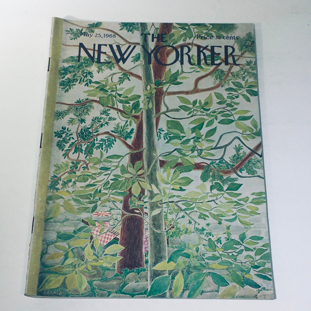 The New Yorker: May 25 1968 Ilonka Karasz Cover showcasing an artistic illustration of green leaves and trees, reflecting mid-century design.