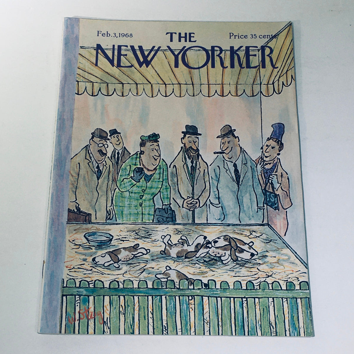Cover of The New Yorker Magazine, February 3, 1968, featuring a cartoon by William Steig depicting a humorous scene with a group of men and a woman observing dogs on display.