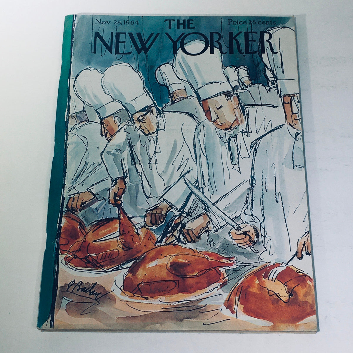 Cover of The New Yorker magazine dated Nov 28, 1964, featuring an illustration by Perry Barlow, depicting chefs preparing Thanksgiving turkeys.