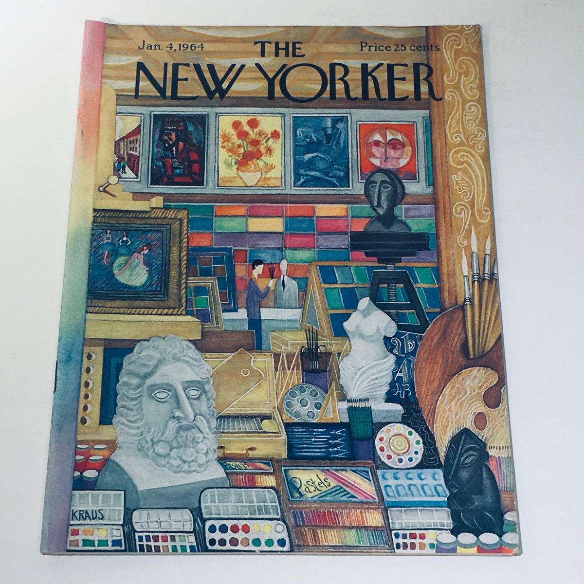 Cover of The New Yorker Magazine January 4 1964 featuring The Art Store illustration by Robert Kraus, showcasing a vibrant art store scene with various art supplies and artwork.
