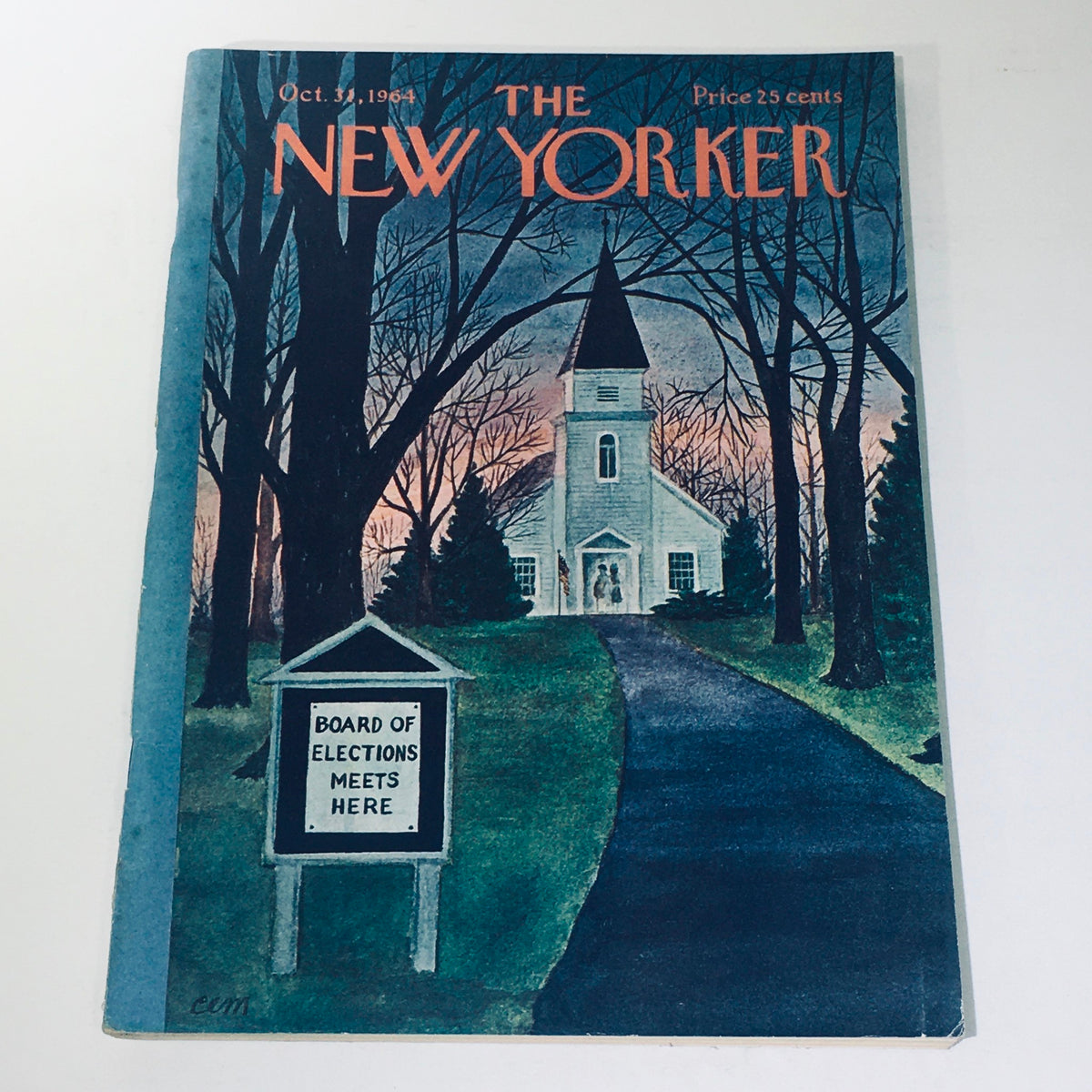 The New Yorker cover from October 31, 1964, illustrated by Charles E. Martin, featuring a charming church scene with a sign for election meeting, capturing the essence of 1960s vintage art.