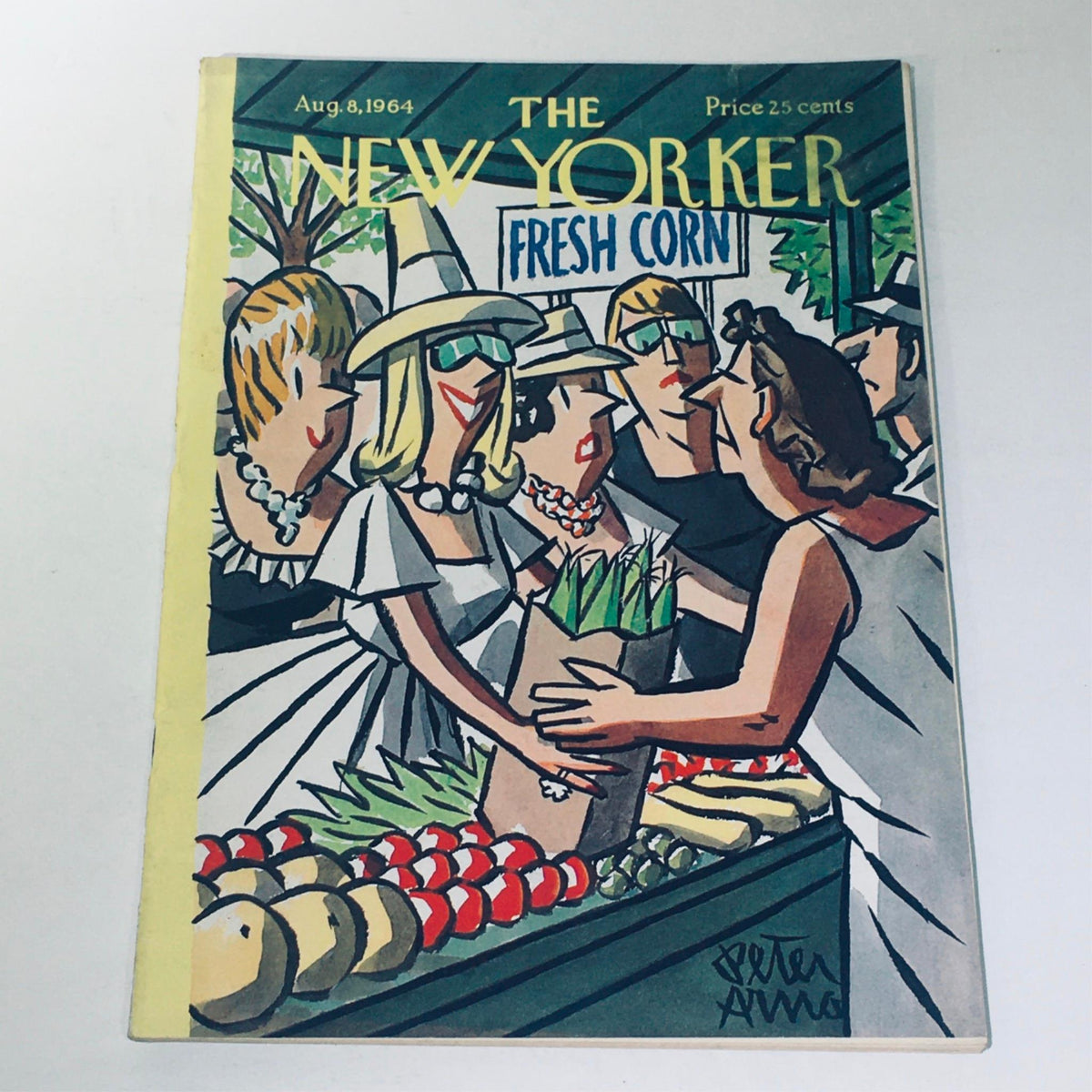 The New Yorker Magazine August 8 1964 cover featuring 'Farmer's Market' illustration by Peter Arno, showcasing women shopping with fresh produce, colorful vegetables, and a vibrant market scene.