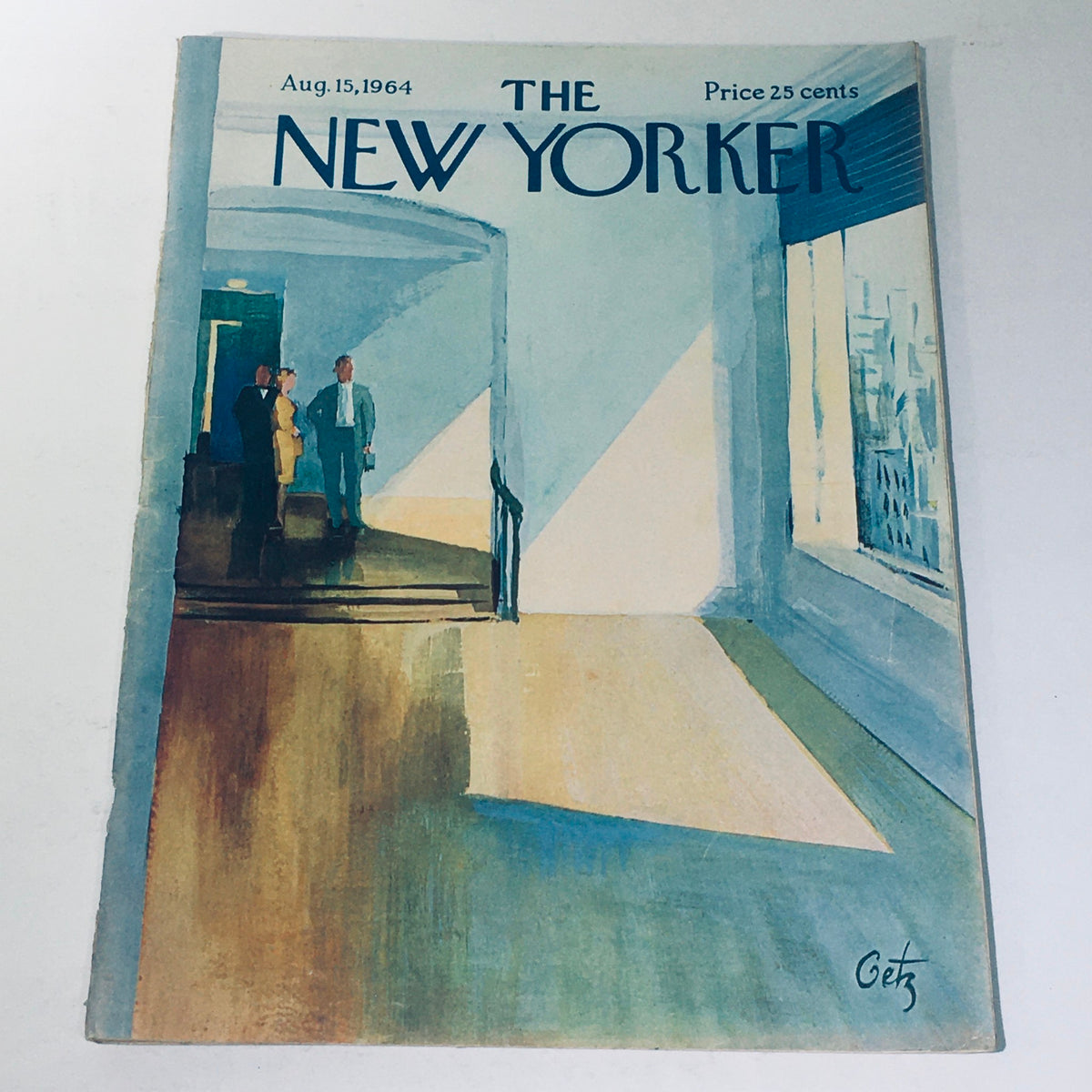 Cover of The New Yorker Magazine from August 15, 1964 featuring a real estate theme, illustrated by Arthur Getz, showcasing a minimalist interior scene with people.