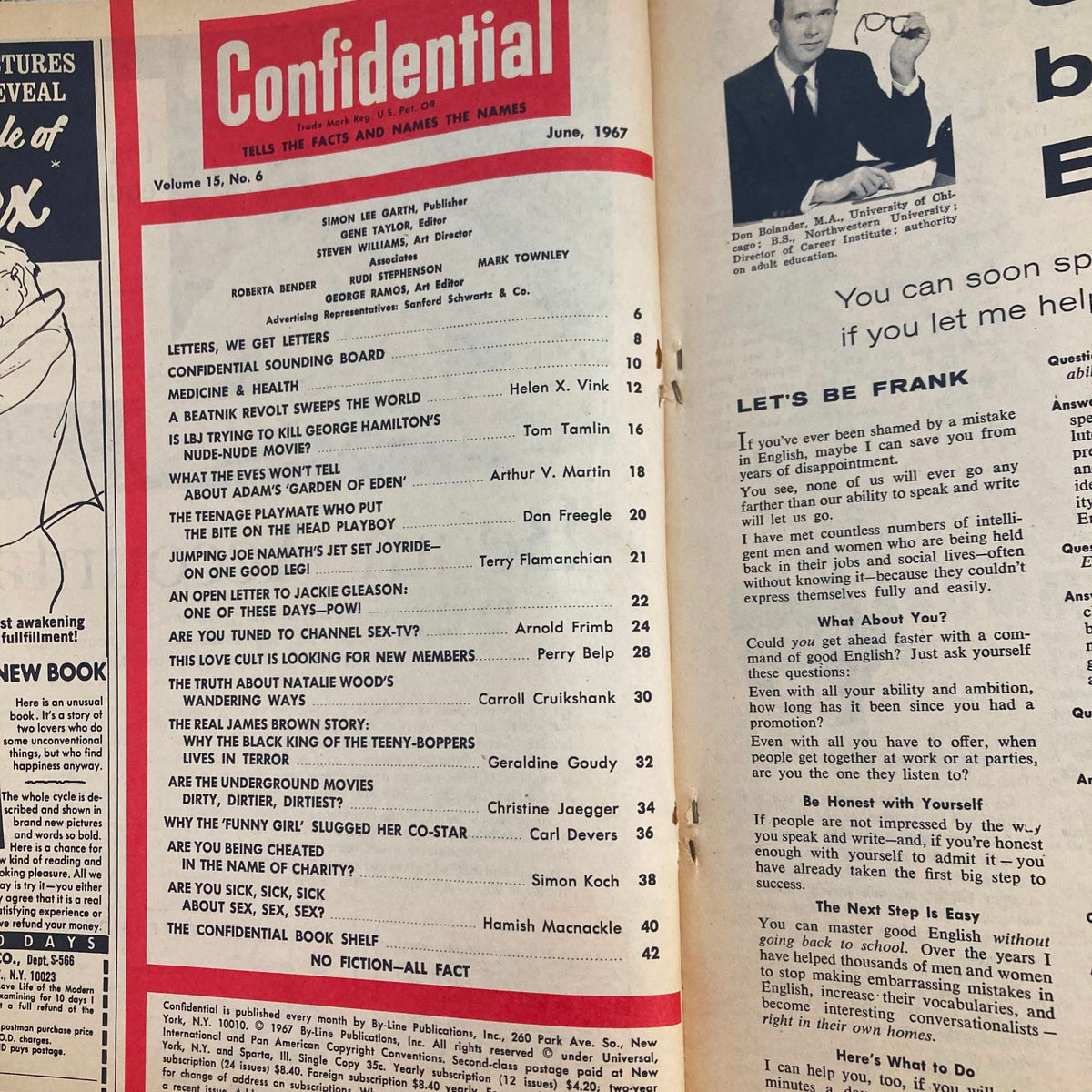 Inside page of VTG Confidential Magazine June 1967, Vol 15 No. 6, highlighting articles and features of classic cinema, including the index of topics covered.