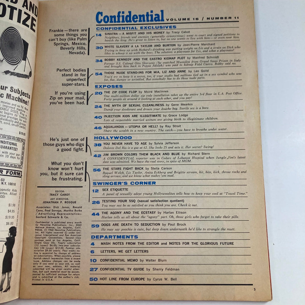 Interior page of VTG Confidential Magazine November 1968 Vol 16 No. 11 displaying the table of contents and exclusive articles on Hollywood and social topics.
