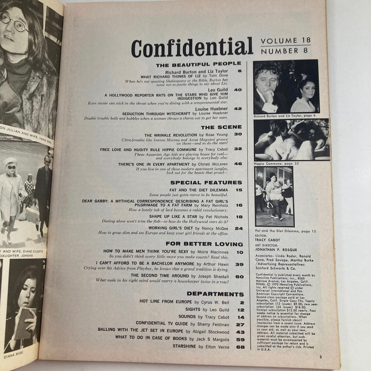 Interior page of VTG Confidential Magazine August 1970 Vol 18 No. 8 showcasing contents including articles about Richard Burton, Liz Taylor, and special features on dieting and relationships.